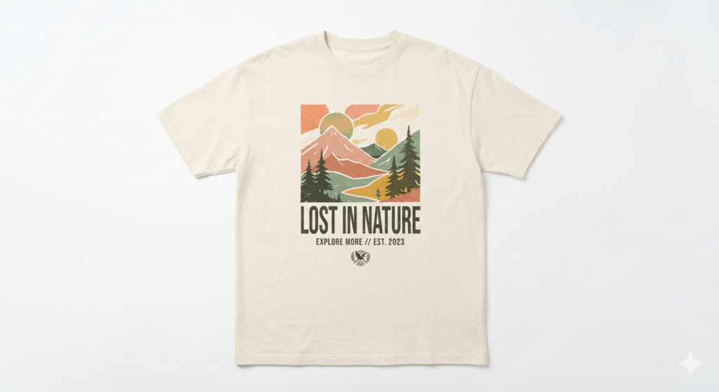 Cream short sleeve t-shirt with a mountain landscape graphic print and Lost In Nature text