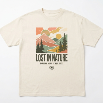 cream graphic t shirt for teens featuring lost in nature print