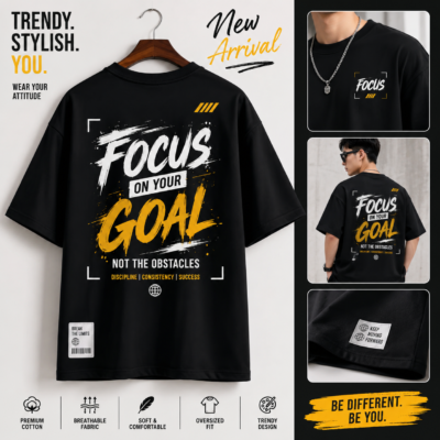 black oversized graphic t shirt for teens with focus on your goal back print
