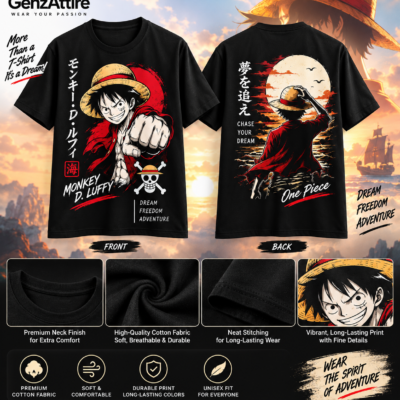Front and back graphic design on a black anime graphic t-shirt