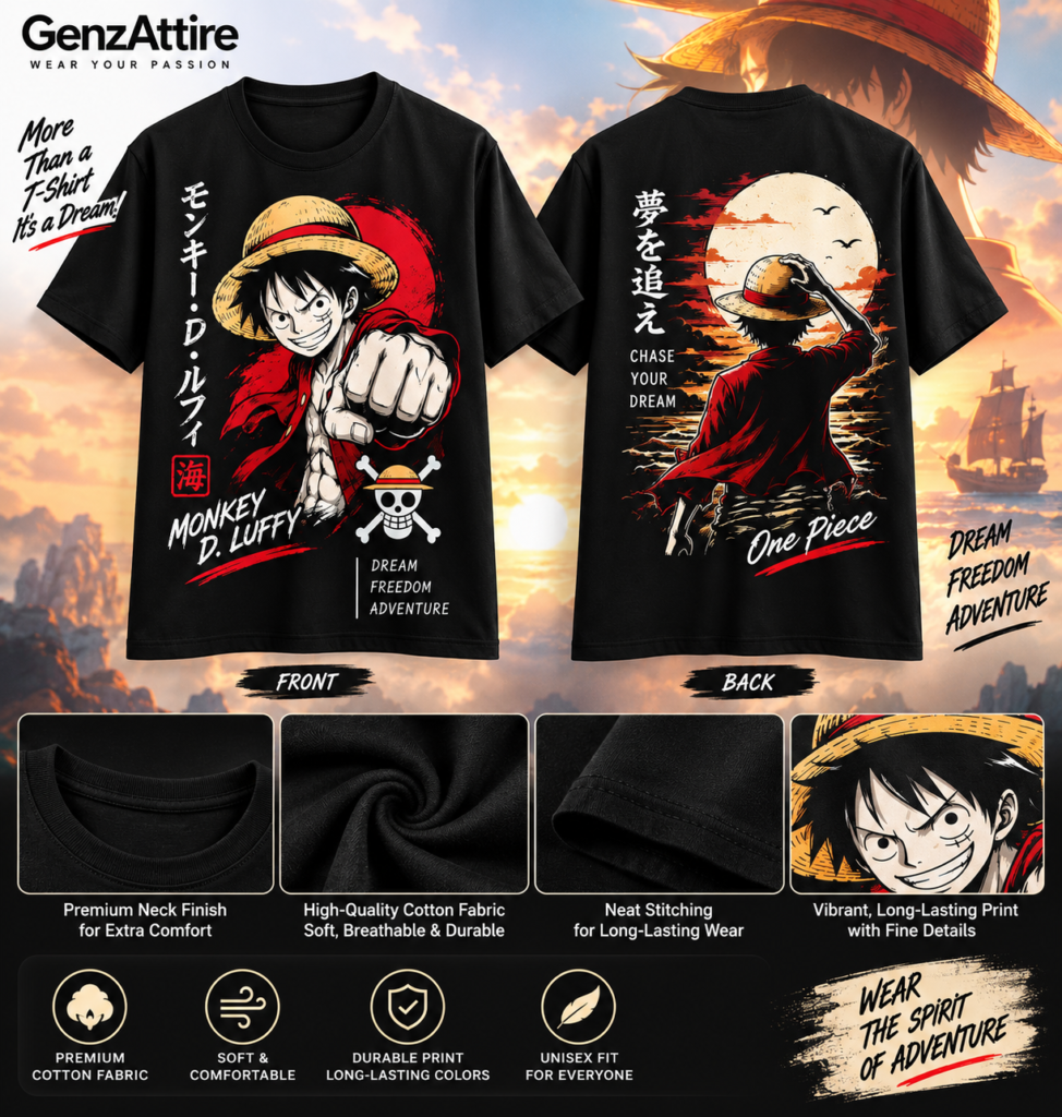 Front and back graphic design on a black anime graphic t-shirt