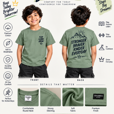 Boy wearing a sage green boys graphic t-shirt with inspirational print