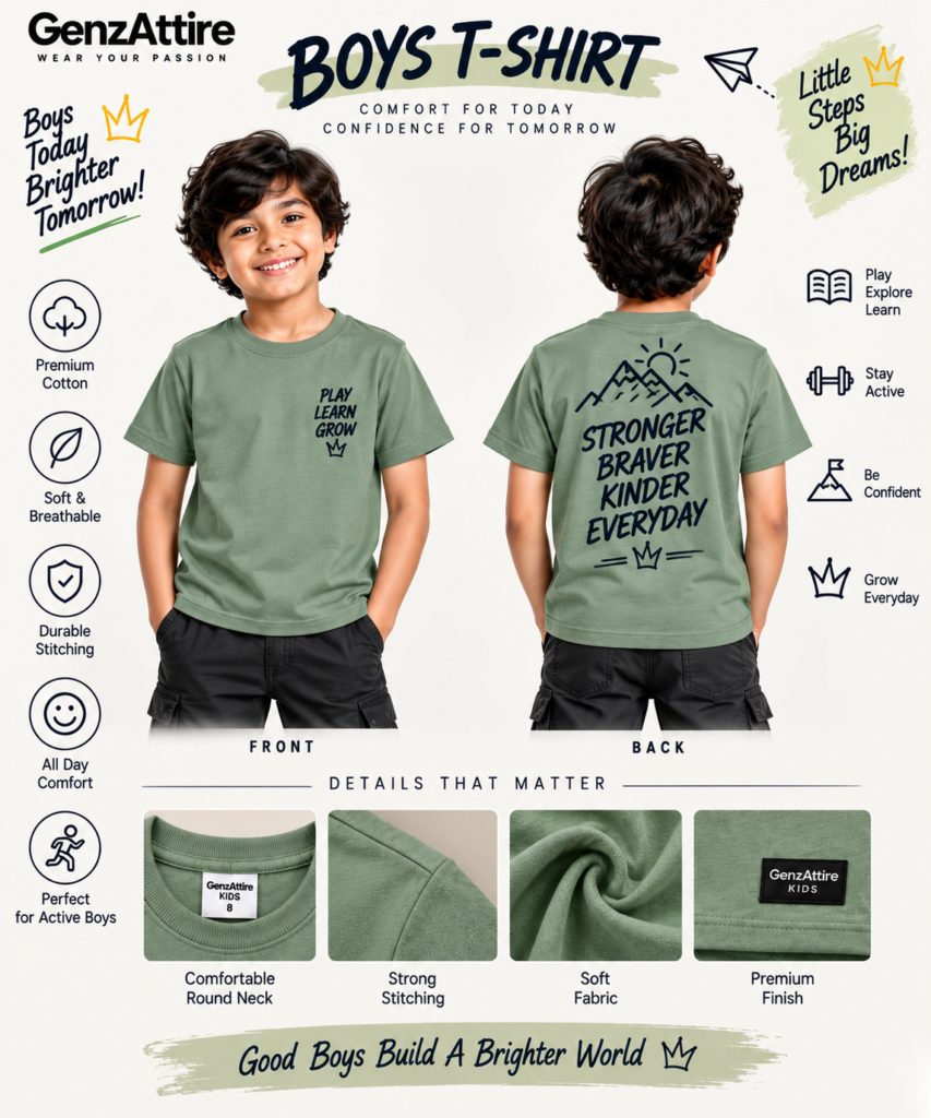 Boy wearing a sage green boys graphic t-shirt with inspirational print