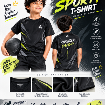 GenzAttire boys sporty t-shirt front and back view with active feature highlights