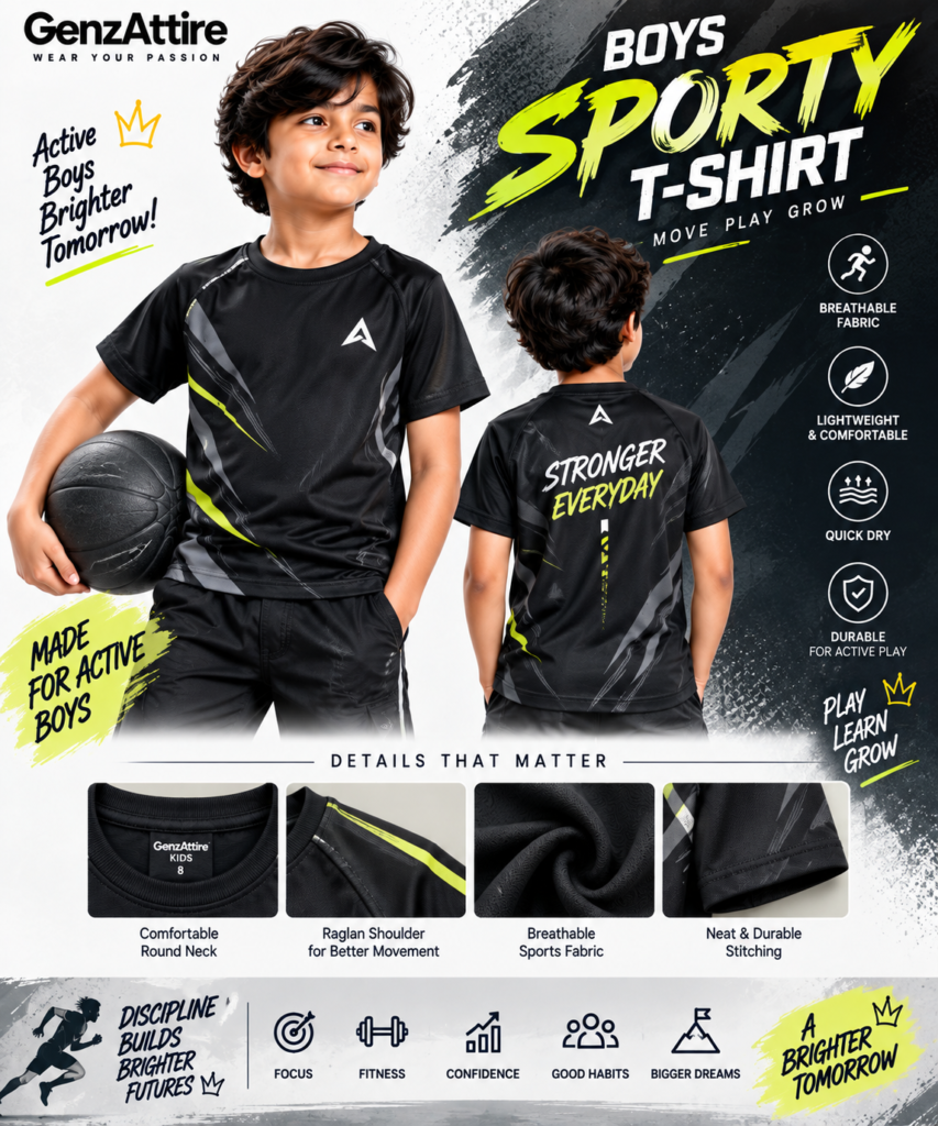 GenzAttire boys sporty t-shirt front and back view with active feature highlights