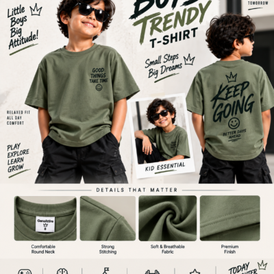 Young boy wearing the GenzAttire olive green boys trendy t shirt showing front and back graphic prints