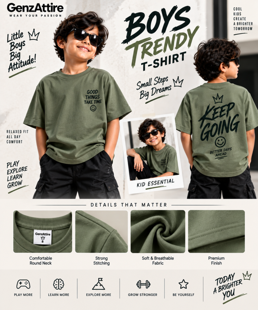Young boy wearing the GenzAttire olive green boys trendy t shirt showing front and back graphic prints