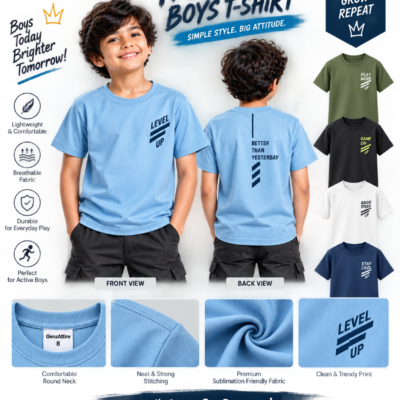Young boy modeling the light blue GenzAttire boys trendy t shirt with graphic print details.