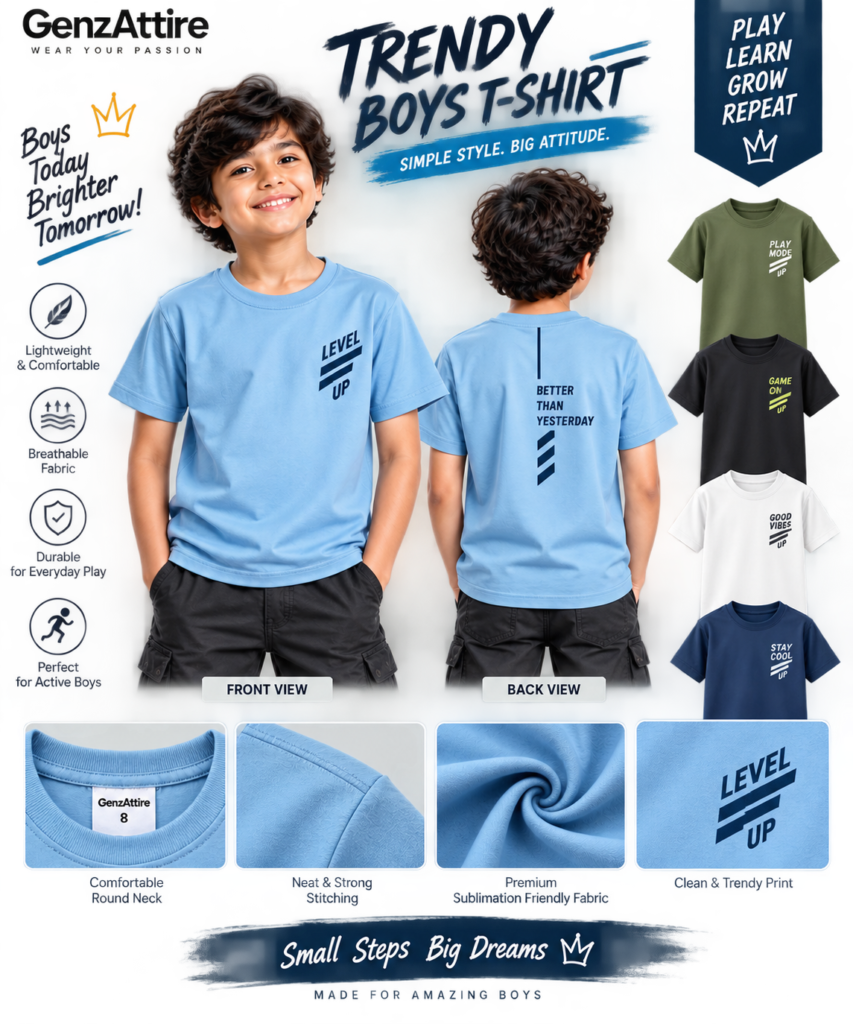 Young boy modeling the light blue GenzAttire boys trendy t shirt with graphic print details.