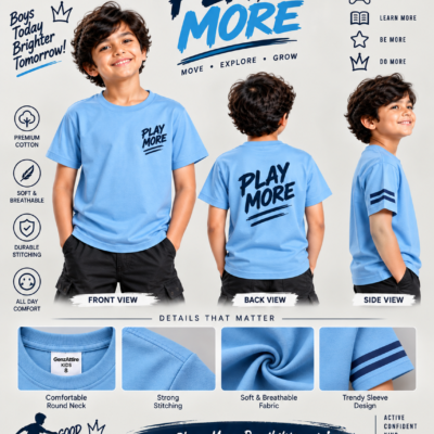 GenzAttire boys light blue t-shirt with Play More graphic print and sleeve stripes