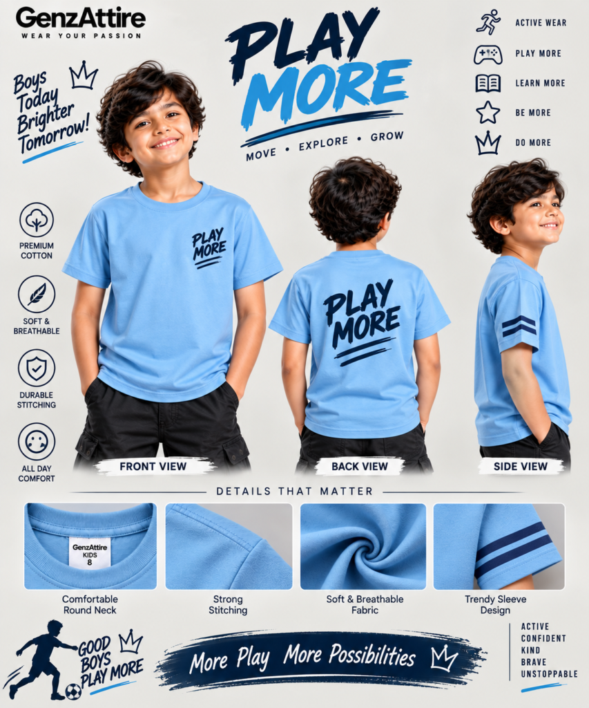 GenzAttire boys light blue t-shirt with Play More graphic print and sleeve stripes