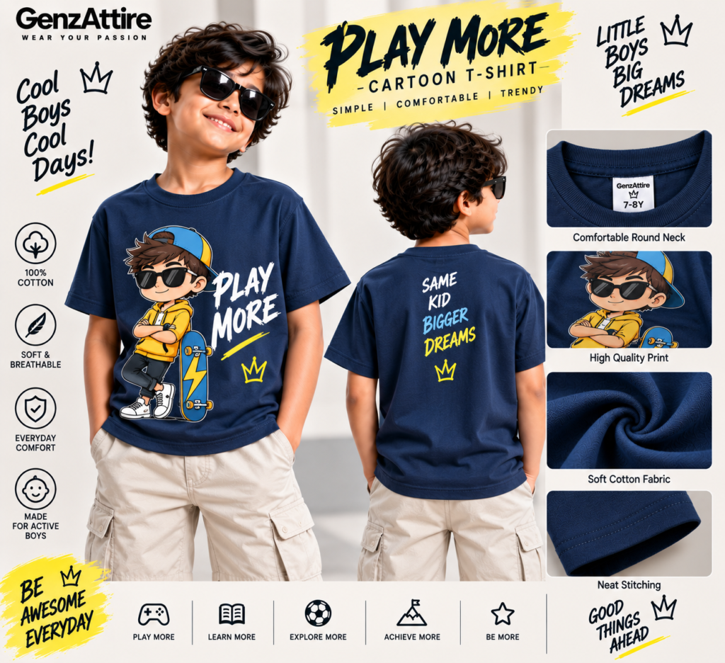 GenzAttire navy blue boys cartoon t-shirt showing front play more print and back design