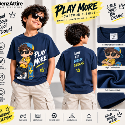 GenzAttire navy blue boys cartoon t-shirt showing front play more print and back design