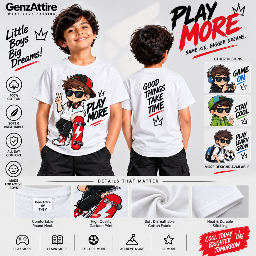 Young boy wearing a GenzAttire boys printed white t-shirt with a cool skater cartoon.