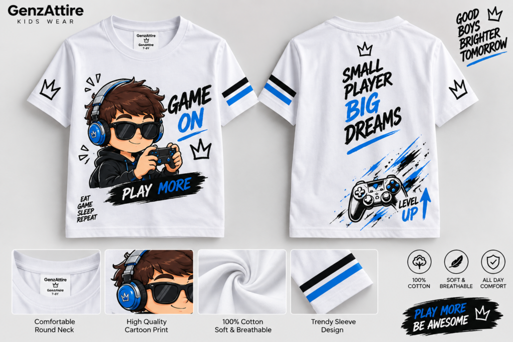 GenzAttire white boys gamer t-shirt showing front and back graphic prints