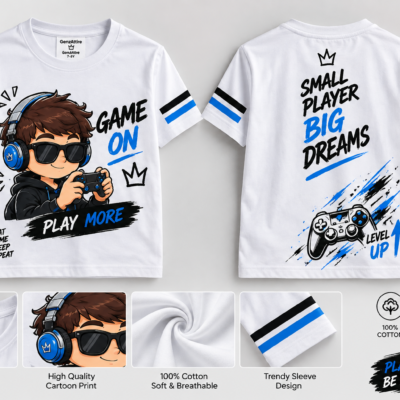 GenzAttire white boys gamer t-shirt showing front and back graphic prints