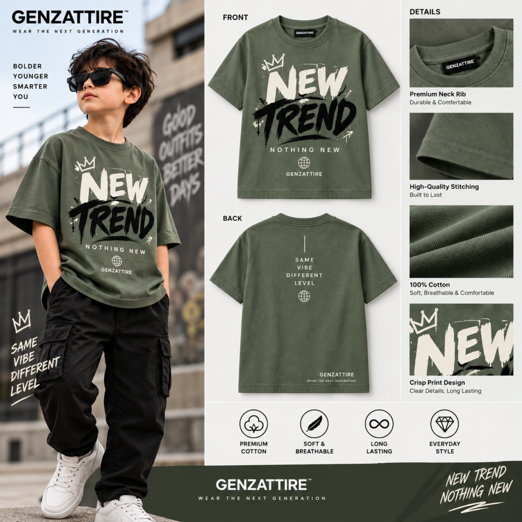 A young boy wearing an olive green boys graphic streetwear tee paired with black cargo pants.