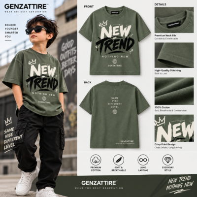 A young boy wearing an olive green boys graphic streetwear tee paired with black cargo pants.