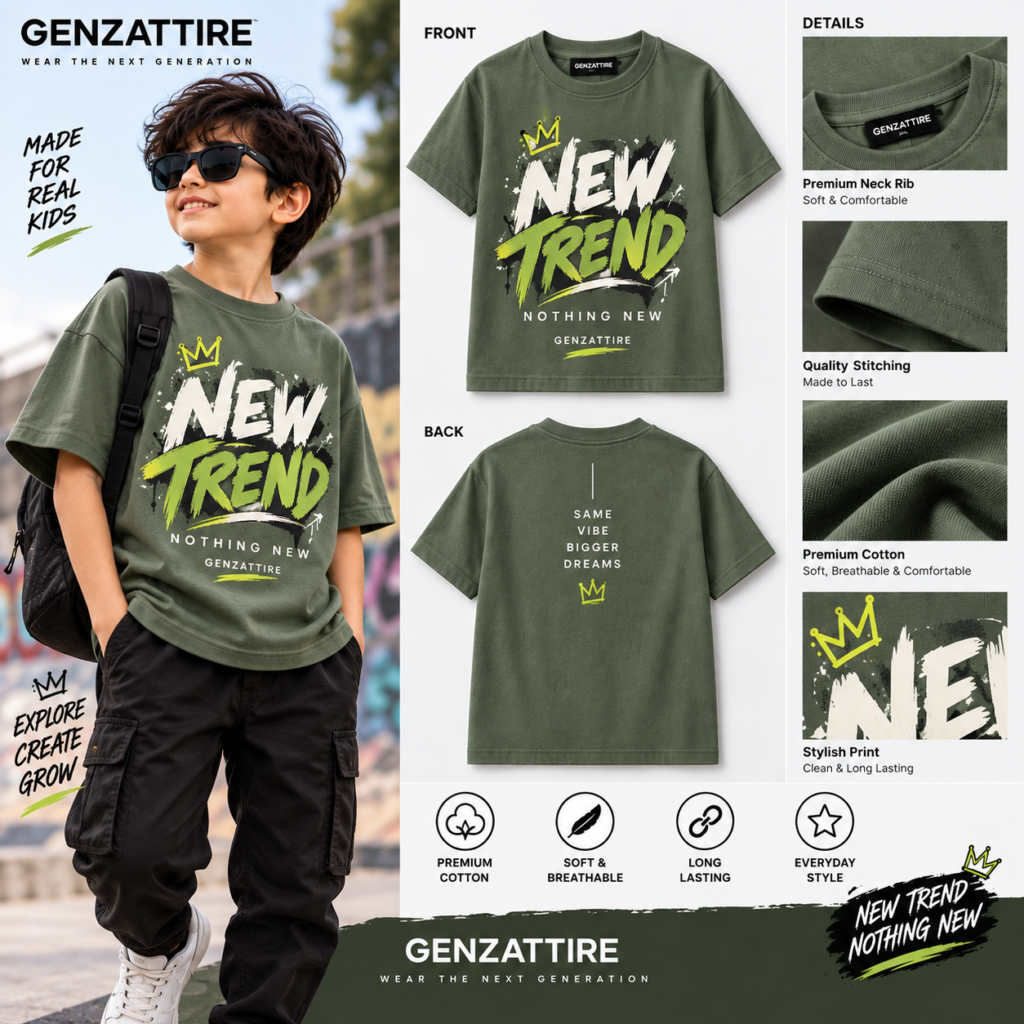 Young boy wearing GenzAttire olive green boys graphic t-shirt with modern typography print