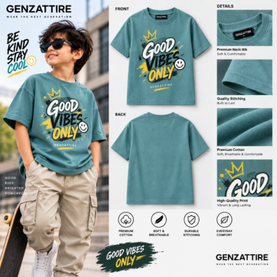 GenzAttire kids graphic t-shirt in teal blue featuring Good Vibes Only print and crown artwork