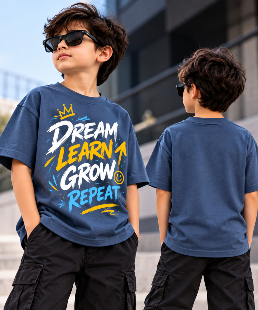 Boy wearing a navy blue boys graphic printed tee with Dream Learn Grow Repeat inspirational text on front