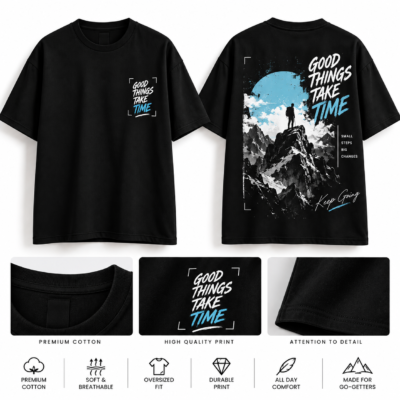black oversized graphic t shirt for teens with mountain print