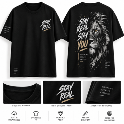 black graphic t shirt for teens with lion print back design