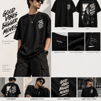 Front and back view of black oversized graphic t shirt for teens