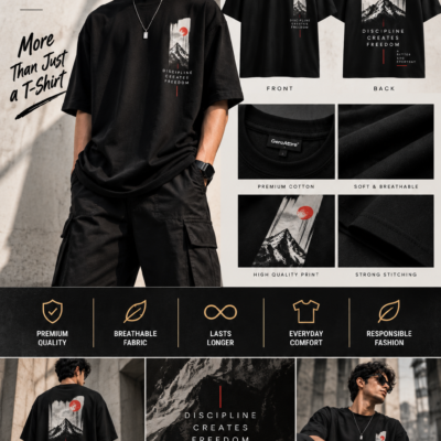 Black graphic t shirt for teens featuring a mountain artwork print on the back by GenzAttire
