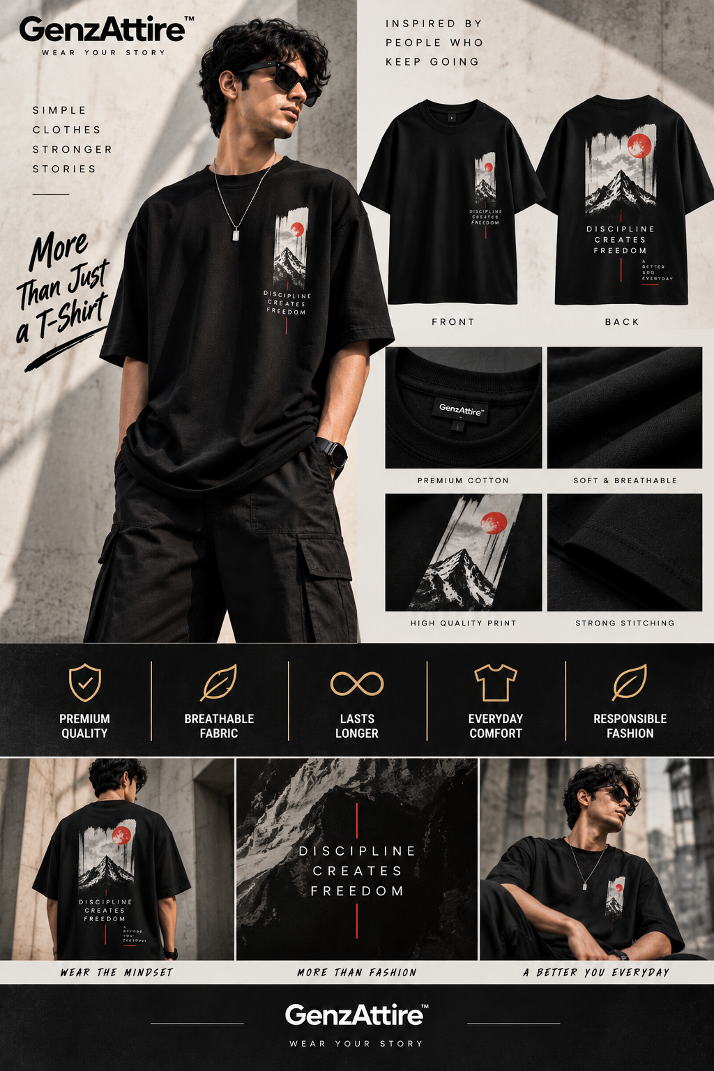 Black graphic t shirt for teens featuring a mountain artwork print on the back by GenzAttire