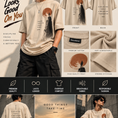 Beige graphic t shirt for teens with inspirational mountain print