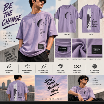 Front and back view of purple oversized graphic t shirt for teens by GenzAttire